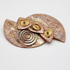 Vintage 1980s Artisan Pink Glitter On Metal Large Geometric Rhinestone Brooch
